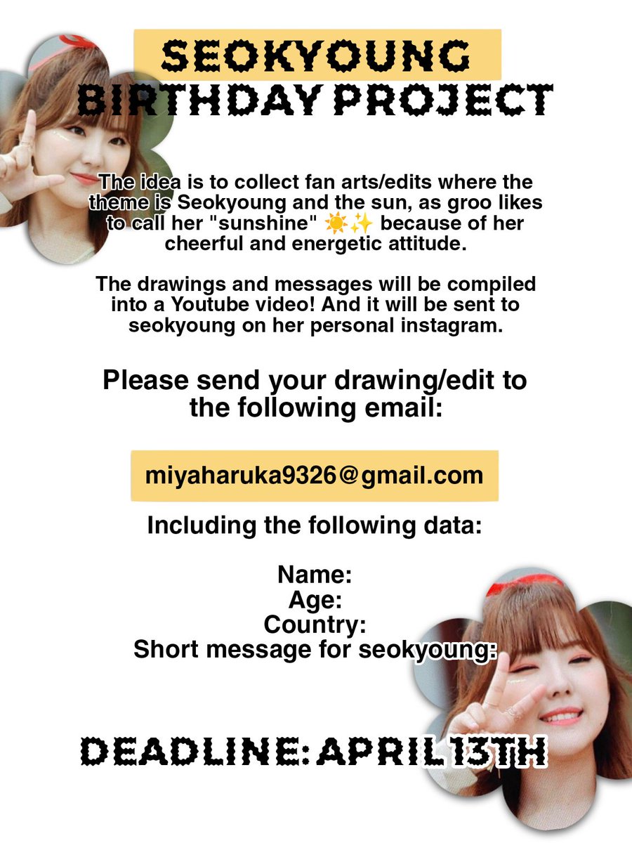 SupportGWSN's tweet image. 🌳 NOTICE 🌳
There's a Seokyoung birthday project ! Please refer to the image for more details. 
Project was initiated by @gwsnistas 

#GWSN #공원소녀 #GirlsInThePark