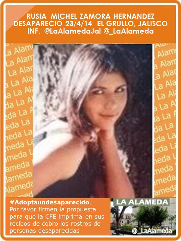 LaAlamedaJal's tweet photo. #TeBuscamos Rusia Michel Zamora Hernández. El Grullo, Jalisco #Jalisco https://t.co/6BB4P6VlOs