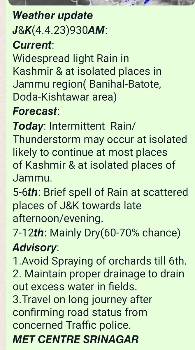 metsrinagar's tweet photo. Mainly Dry Weather is expected in J&amp;K during 7-12th.
#Farmers
#SprayingofAppleTrees
#Snowfall
#Rainfall https://t.co/3lKcX6Az3Z