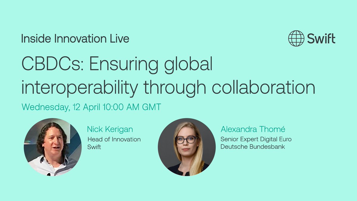 swiftcommunity's tweet image. Our CBDC sandbox testing was a success!

Join us for Inside Innovation Live on Wednesday 12 April to learn more about how 18 commercial and central banks came together to test our new experimental solution capable of ensuring interoperability between CBDCs and the existing…