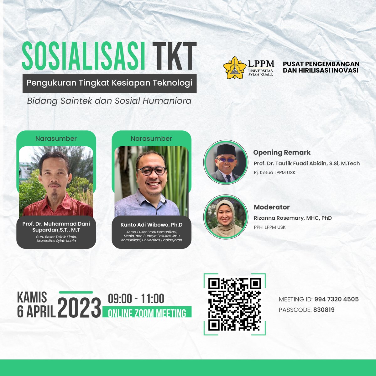 lppm_usk's tweet image. Pusat Pengembangan dan Hilirisasi Inovasi, LPPM USK mengadakan
"Sosialisasi Pengukuran Tingkat Kesiapan Teknologi Bidang Saintek dan Sosial Humaniora" pada Hari Kamis, 6 April 2023

#tkt #lppm #usk #pphiusk