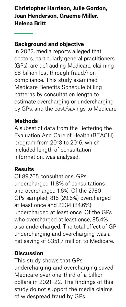 Using real data, Harrison et al from the Menzies Centre showed that GPs on average save Medicare $350m+ per year due to net under billing of services. You can read this study here: sydney.edu.au/content/dam/co… Btw this is how you do real research @theage @smh