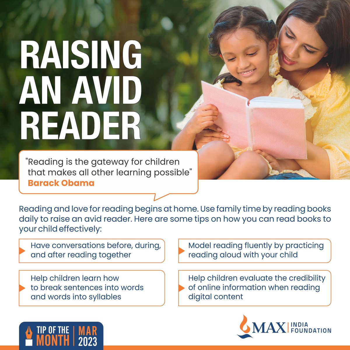 MaxGroup's tweet photo. Reading is a gateway to knowledge and creativity!๐ช๐ Help your child discover the joy of books with these simple yet powerful strategies for raising a reader.
#MaxIndiaFoundation #AvidReader #ReadingIsImportant #RaiseReadingAwareness #InternationalDayOfBooks #MaxGroup #SevaBhav https://t.co/BBe3IxXVbM