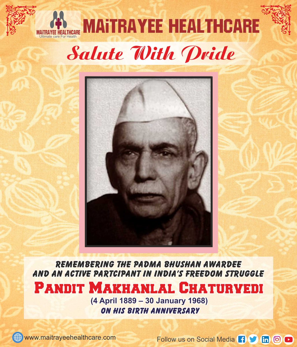 MAiTRAYEEHEALTH's tweet image. Pandit Makhanlal Chaturvedi, also called Pandit ji, was an Indian poet, writer, essayist, playwright and a journalist. 
#salute_with_pride #GreatPost #PanditMakhanlalChaturvedi
#maitrayeehealthcare #Deoghar #Jharkhand