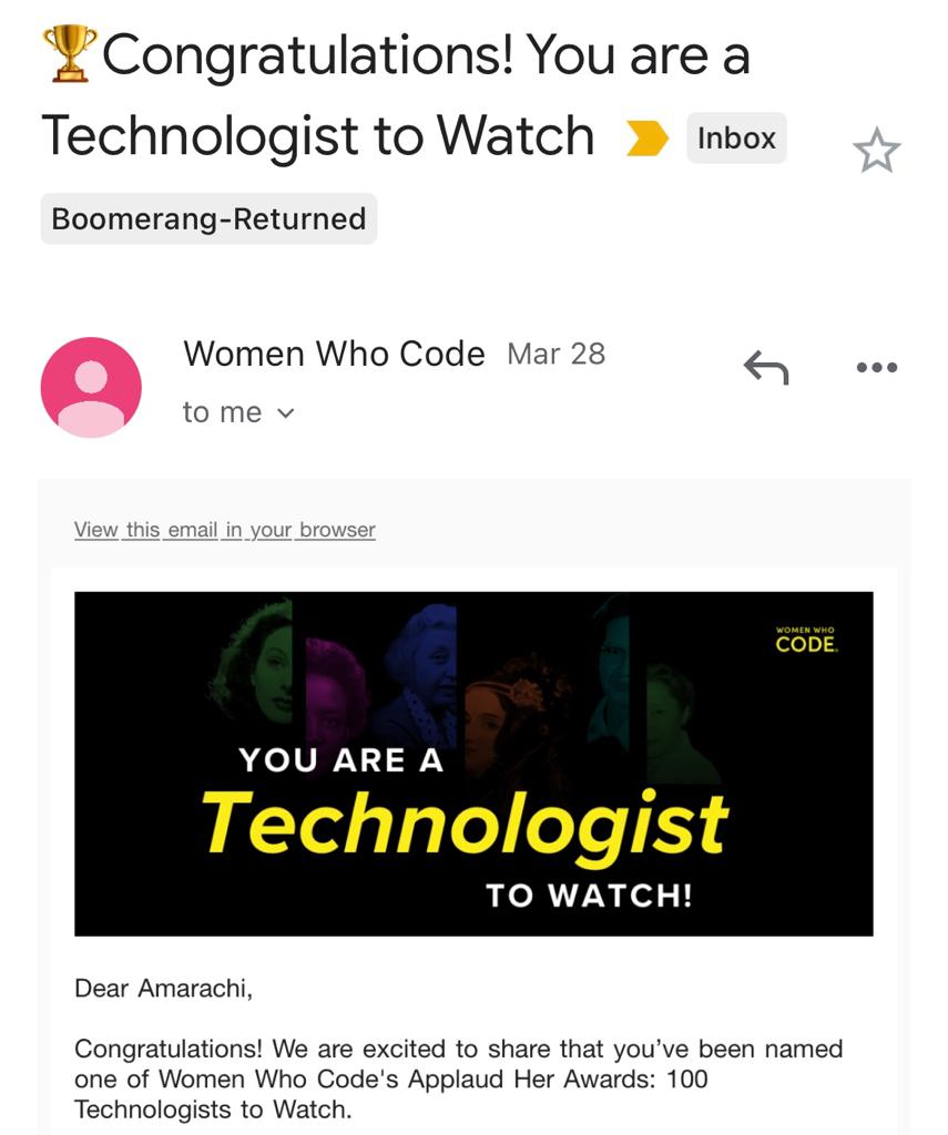 Excited and honored to be named one of @WomenWhoCode's Top 100 Technologists to Watch in 2023! 🚀 
Thank you for the recognition and for your commitment to empowering women in tech.  

Check out the whole list here: womenwhocode.com/100-technologi…… 

#WomenInTech 
 #ApplaudHer