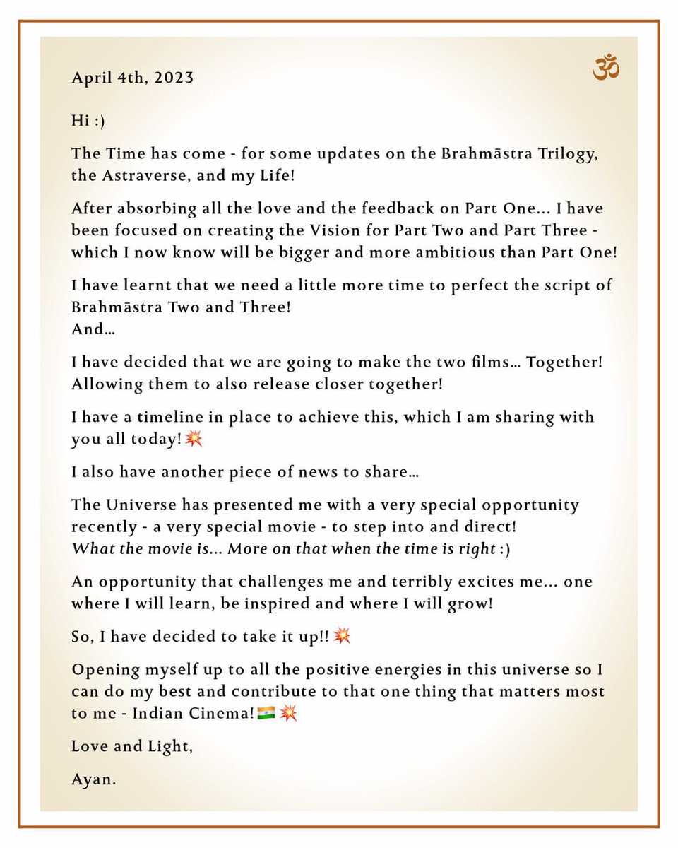 taran_adarsh's tweet photo. BIGGG NEWS… AYAN MUKERJI ANNOUNCES ’BRAHMASTRA’ 2 & 3… BOTH PARTS TO BE SHOT TOGETHER… #AyanMukerji announces the details - including the release - of #Brahmāstra 2 and 3…
⭐️ #Brahmāstra2: 2026
⭐️ #Brahmāstra3: 2027

Produced by Star Studios, Dharma Productions, Prime Focus and Ayan Mukerji.

#RanbirKapoor #AliaBhatt