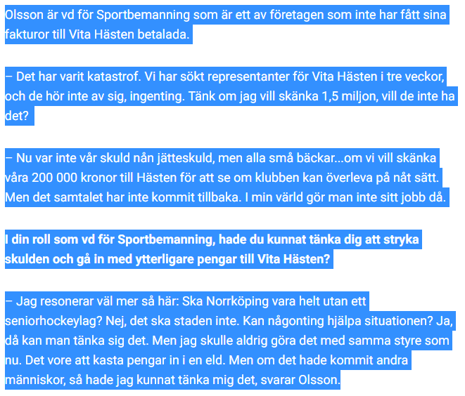 Man undrar ju vad "vänt på alla stenar" innebär i Rauges o grabbarnas värld... 

Den här artikeln borde låsas upp för hela världen att läsa. Så alla ser svart på vitt hur och vad styret INTE har gjort. 

nt.se/sport/ishockey…