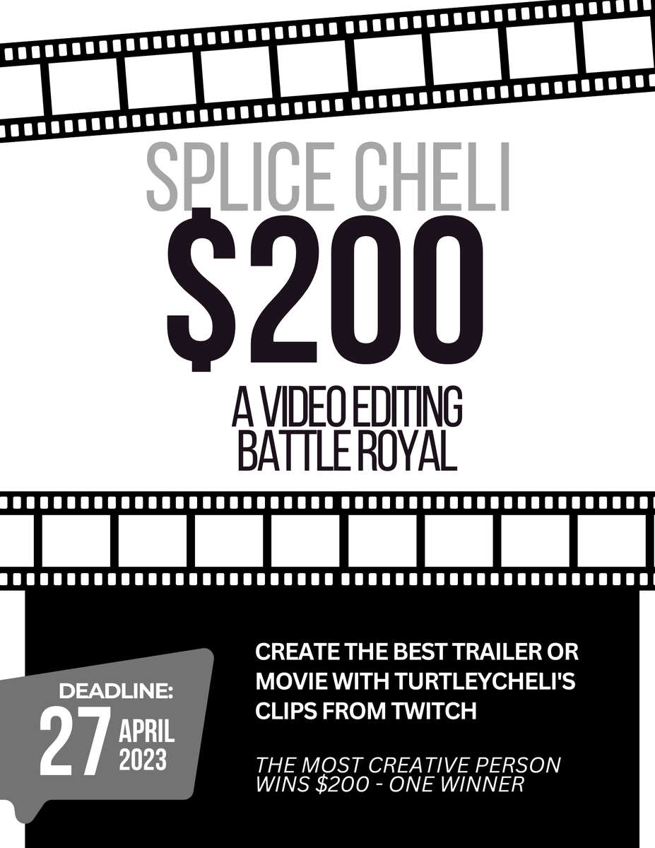 TurtleyCheli's tweet photo. READY TO SHOW OFF YOUR VIDEO EDITING SKILLS? DO YOU ENJOY EDITING VIDEOS? 

Sign up for Splice Cheli competition and compete against the community for a cash prize 💰💰

Open to anyone who knows how to use video editing software - NO EXPERIENCE needed to submit 📽 https://t.co/dyrQrSoRB7