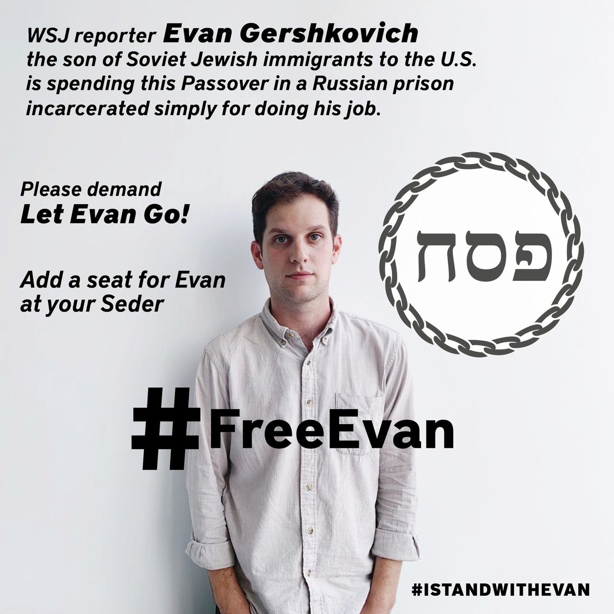 bopanc's tweet photo. Passover begins today. Our ⁦@WSJ⁩ colleague ⁦@evangershkovich⁩ will spend it in prison, incarcerated for doing his job. #JournalismIsNotACrime #IStandWithEvan #FreeEvan https://t.co/uG5PY6qZNF