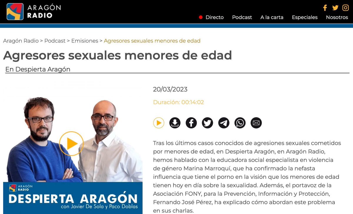 📰 NOTICIA 🎈

El lunes 20 de marzo estuvimos en la emisora de radio 📻"Aragón Radio", participando en el programa "Despierta Aragón"; temática: "Agresores sexuales menores de edad".

Gracias 📻"Despierta Aragón" 🥰