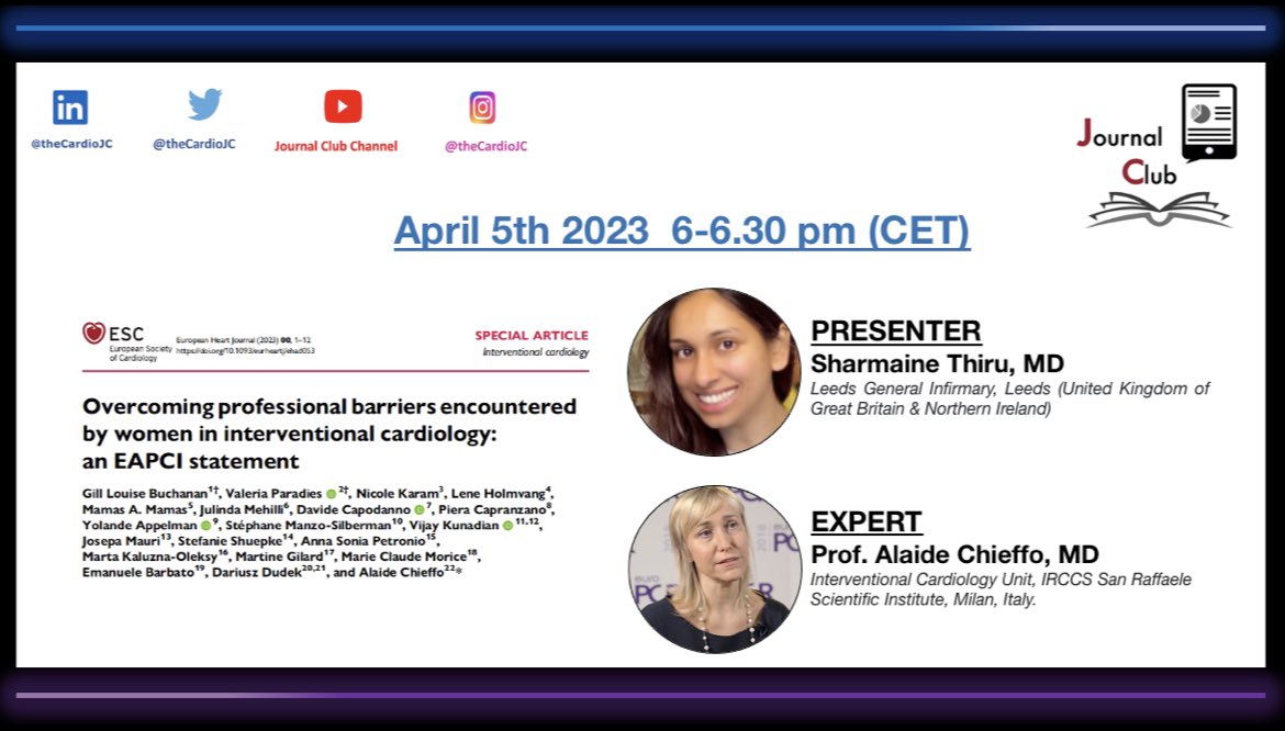 ⭐️Tomorrow at 6️⃣pm CET the #CardioJournalClub is live with a special edition ➡️Prof. @alaide_chief & @sharmaine0206 discuss the recent #EAPCI statement on overcoming barriers encountered by women in #IC @ESCJournals 🗓Wed 5th April ⏰6.00 pm (Rome) ➡️DM for ZOOM link🔗
