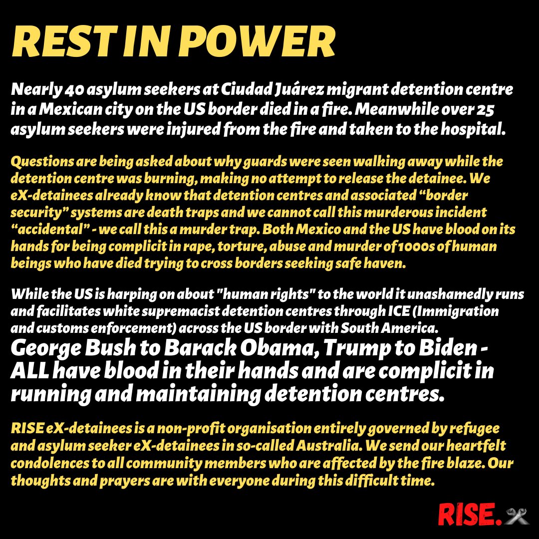 Trigger Warning for eX-detainees

REST IN POWER

Nearly 40 asylum seekers at Ciudad Juárez #detention centre in a Mexican city on the US border died in a fire. Meanwhile over 25 asylum seekers were injured from the fire and taken to the hospital. facebook.com/RefugeesSurviv…

#STOPICE