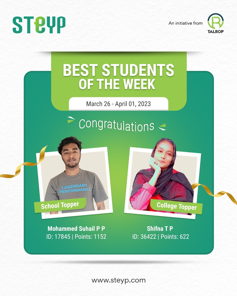 steypworld's tweet photo. Steyp's Weekly Leaderboard recognizes the students' efforts and engagement with the platform! It features the most active students from schools and colleges. Talrop's gifting platform '@DettWorld' provides gifts for the weekly winners.
#WeeklyLeaderboard #Steyp #Talrop #Dett https://t.co/oKRJscdZcI