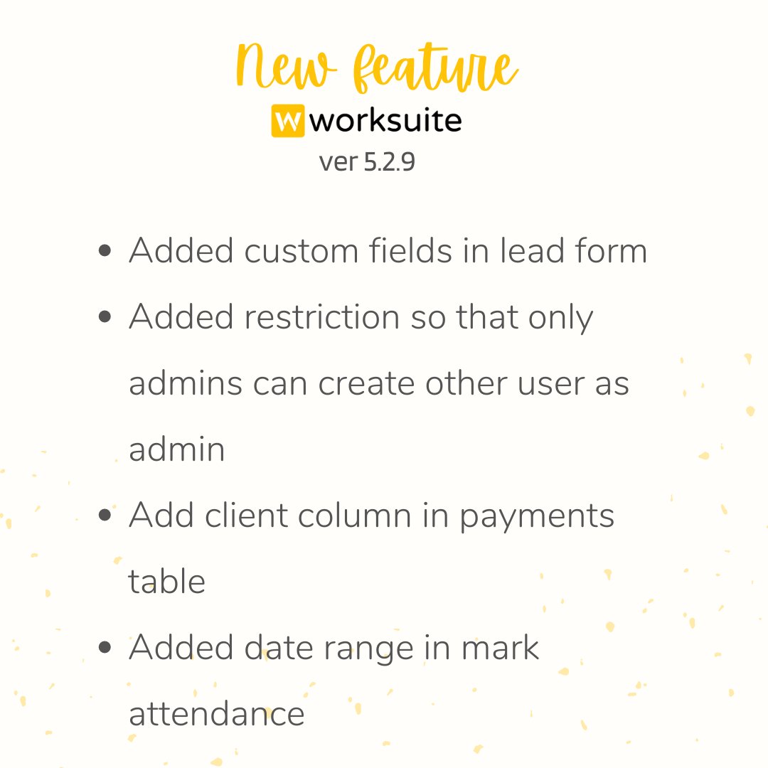 worksuiteapp's tweet photo. 🚀Worksuite version 5.2.8 🚀swipe to catch up with the latest Worksuite version.
New features include client column in payments table, date range in mark attendance, ticket agent can be linked to multiple ticket groups &amp; many more.  #manageyourbusiness #worksuite #HRM #CRM https://t.co/tIoL5Hi5Rl