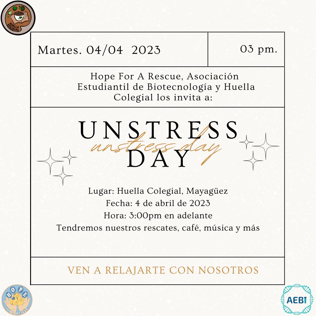 aebiRUM's tweet photo. Saludos aebianxs,
Aebi te invita junto a @hopeforarescue y @huellacolegial.mayaguez a pasar una tarde “Unstressed”. Sabemos que estas en finales y quieres un respiro. Ven y pasa un rato con nosotros hoy a las 3pm en huella colegial. Te esperamos…☺️ https://t.co/oaa9X5TrFy