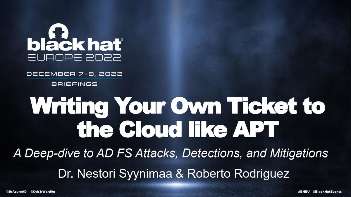 DrAzureAD's tweet photo. The @BlackHatEvents #BHEU talk by me and @Cyb3rWard0g on how to prevent #ADFS #GoldenSAML attacks is now available on Youtube!
Video: https://t.co/9Q9Y7r7Ms0
Slides: https://t.co/aWzNAKUDvq https://t.co/n45ln5eabO
