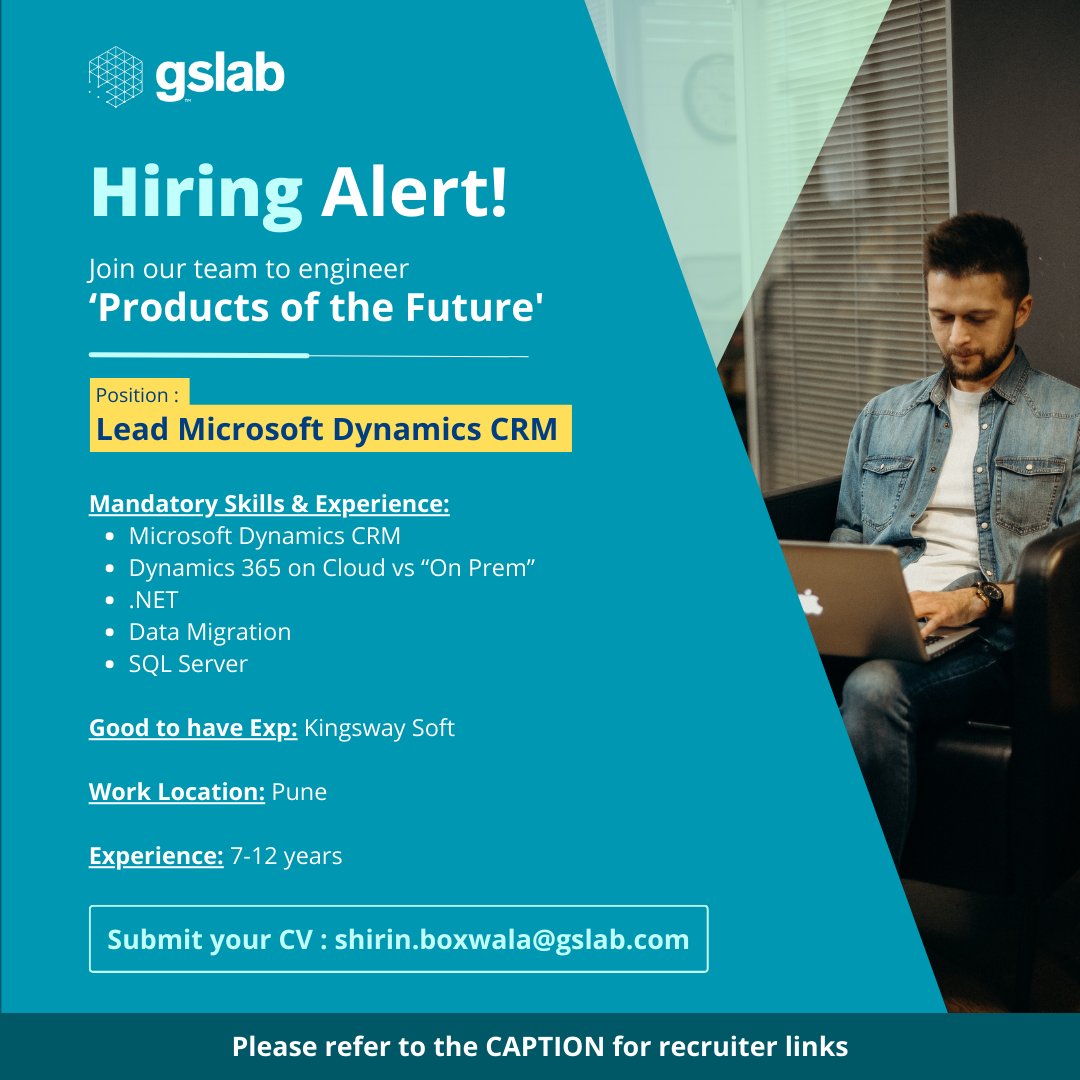_gslab's tweet image. We have career opportunities for the role - #Lead #MicrosoftDynamicsCRM at our #Pune office.
Drop your CV to shirin.boxwala@gslab.com to apply for this role.
