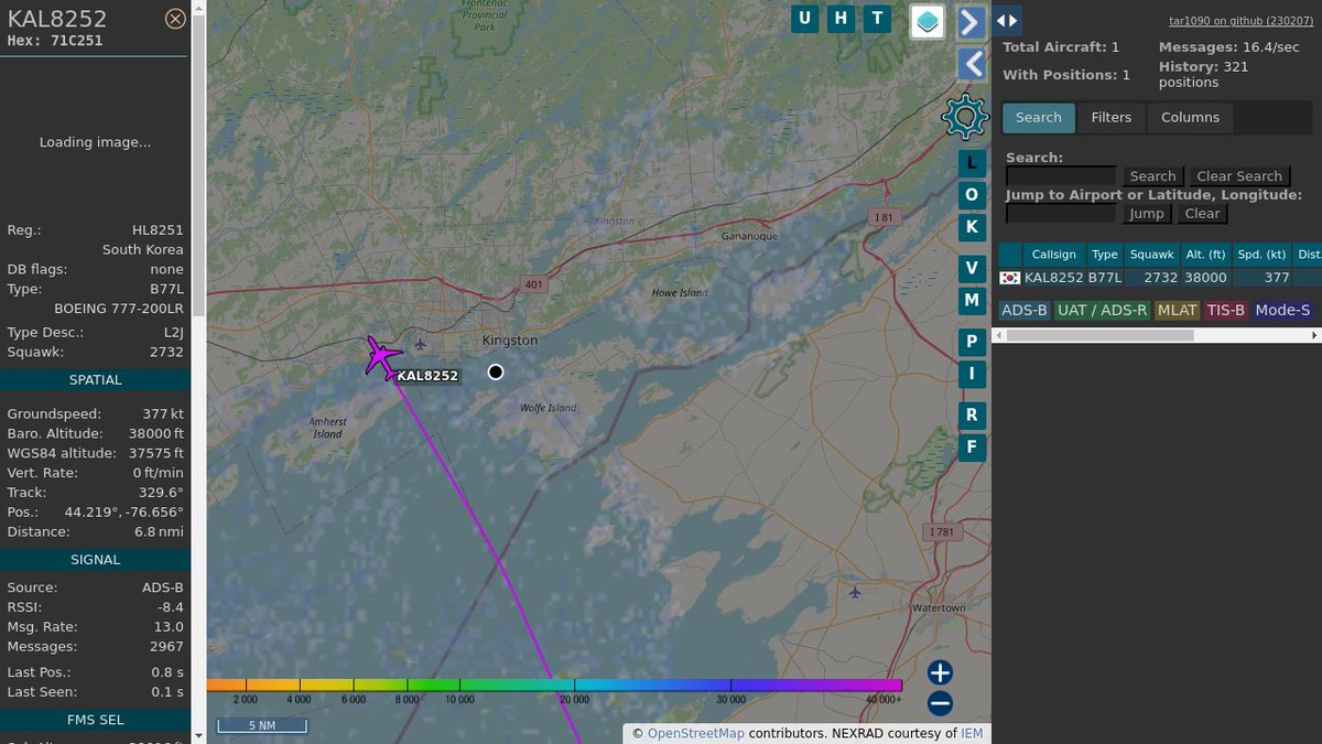 #KAL8252 HL8251 777 FB5 Korean Air @ 38000 ft and 47.8° frm hrzn, heading NW @ 1007.6km/h 01:55:43 globe.adsbexchange.com/?icao=71C251 #AfterHours #WayTheHeckUpThere #FlyingFast #OverKingston #dump1090 #ADSB