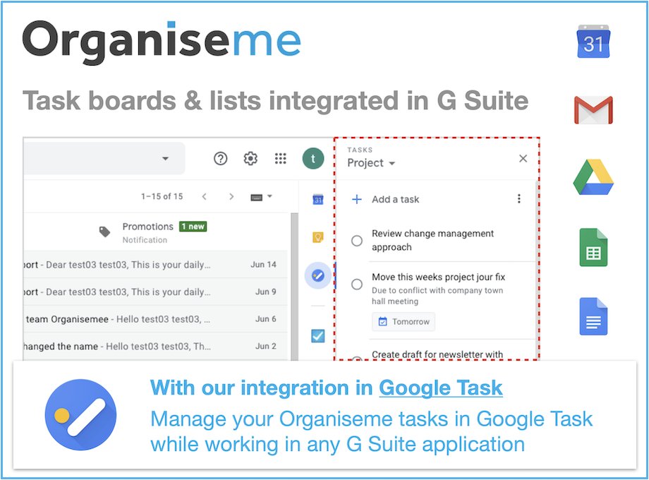 Organisemee's tweet photo. Task boards &amp; lists for #teams integrated in #GoogleWorkspace: Manage your #tasks in Google Task while working in any G Suite application.  Benefit from the auto-sync with Organiseme   https://t.co/aKalVuMLL4 https://t.co/9EOA8NtPct