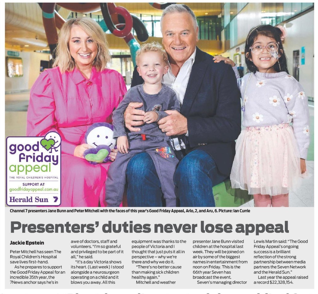 Join me in celebrating the annual goodfridayappeal for RCHMelbourne, this Friday from midday on Channel7 and 7plus! 
I’ll be hosting with peter_mitchell7 from 12-2pm. 
Donate at goodfridayappeal.com.au/donate 
#goodfridayappeal pic: heraldsunphoto