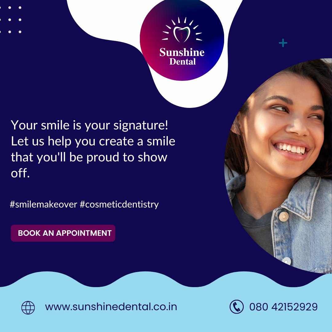 sunshinedental2's tweet image. Explore the possibilities &amp;amp; see how a smile makeover can transform your smile and your life.

To know more visit: sunshinedental.co.in or call @ 08042152929

#smilemakeover #cosmeticdensity #dentalproblem #dentalhealth #OralHealth #OralHygiene #dentist #dentistry #dentalclinic