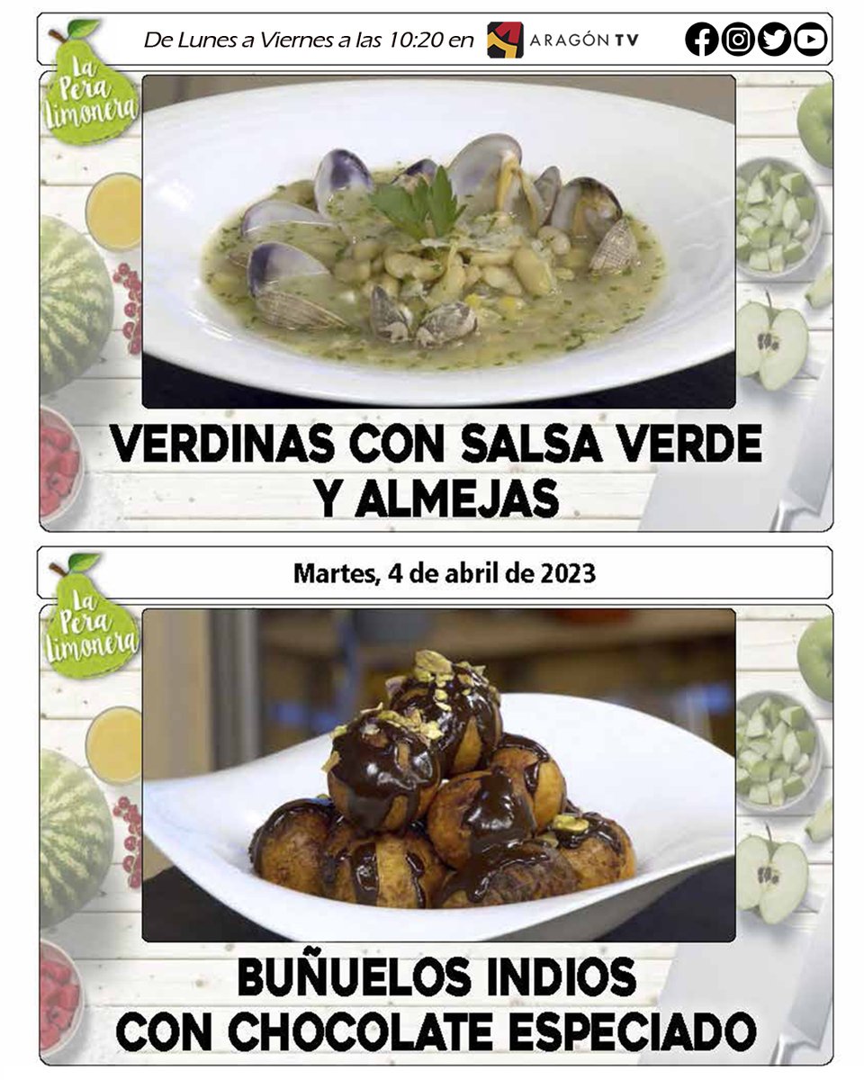 ¿Quieres probar algo nuevo y delicioso? Hoy te enseñamos a cocinar unas VERDINAS CON SALSA VERDE Y ALMEJAS y unos BUÑUELOS INDIOS CON CHOCOLATE ESPECIADO que te transportarán a otro mundo. ¡No te lo pierdas!

📺De L a V <a href="/aragontv/">Aragón TV</a> 🕙10:00h
👨‍🍳@daniel_yranzo_cocinero