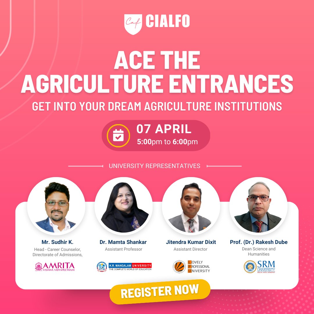 Is #Agriculture the right choice? We are coming up with a session on Agriculture entrances on 7th April.
Join the session to know about entrance exams, how to prepare, placement opportunities, packages, and eligibility from experts.
Register Now: explore.cialfo.co/webi.../catego…
