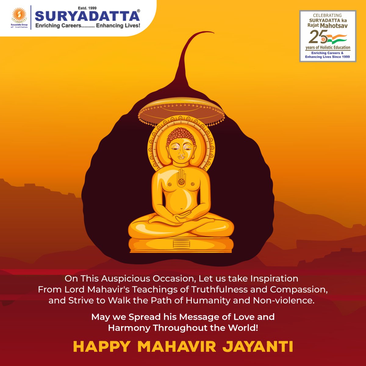 On this auspicious occasion, the Suryadatta Group of Institutes extends warm wishes to all its students, faculty, staff, and their families.

May Lord Mahavir bless us all with good health, prosperity, and happiness.

#mahavirjayanti #jainism #jain #mahavir #spreadjainism