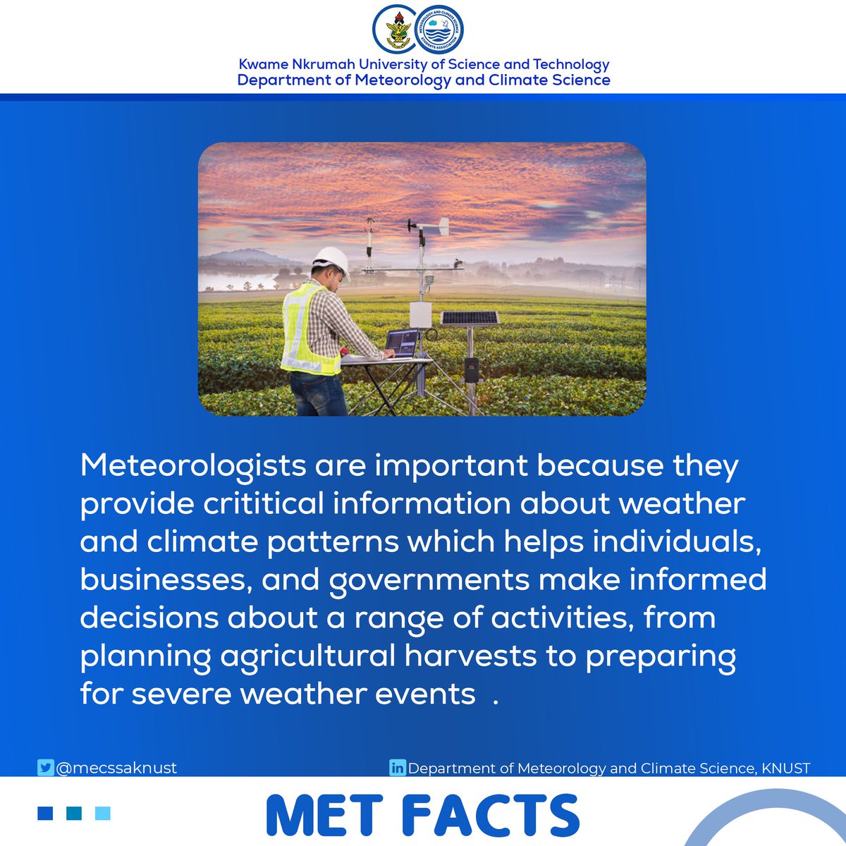 mecssaknust's tweet photo. [MET FACTS]
DAY 03

"The importance of  Meteorologists"

#EarlyWarnigEarlyAction | #MetFacts https://t.co/1PXwDdsKkD