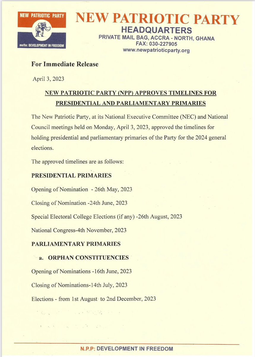 OoooKuntu's tweet photo. Our timelines for Presidential and Parliamentary Primaries 
#FreedomInDevelopment
#NPP https://t.co/b6I3vOnokn