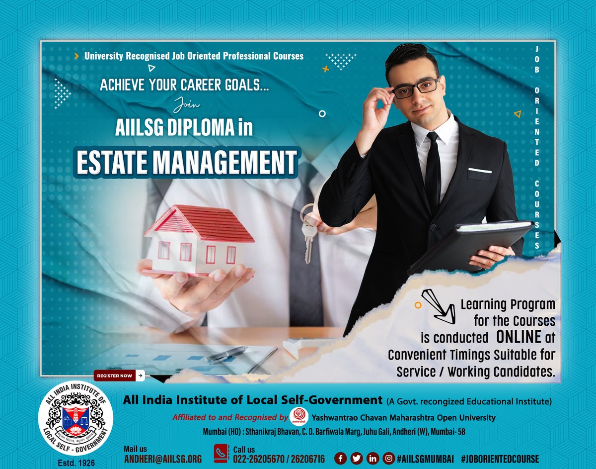 #RealEstate Industry is growing day by day with Large no. of job and business opportunities!!!
Join Govt. recognised #AIILSG Diploma in '#Estate Management' now. 
ONLINE Learning / Training as per your convenient timing; Weekend Evening Batches #JobOrientedCourses
📞022-26205670