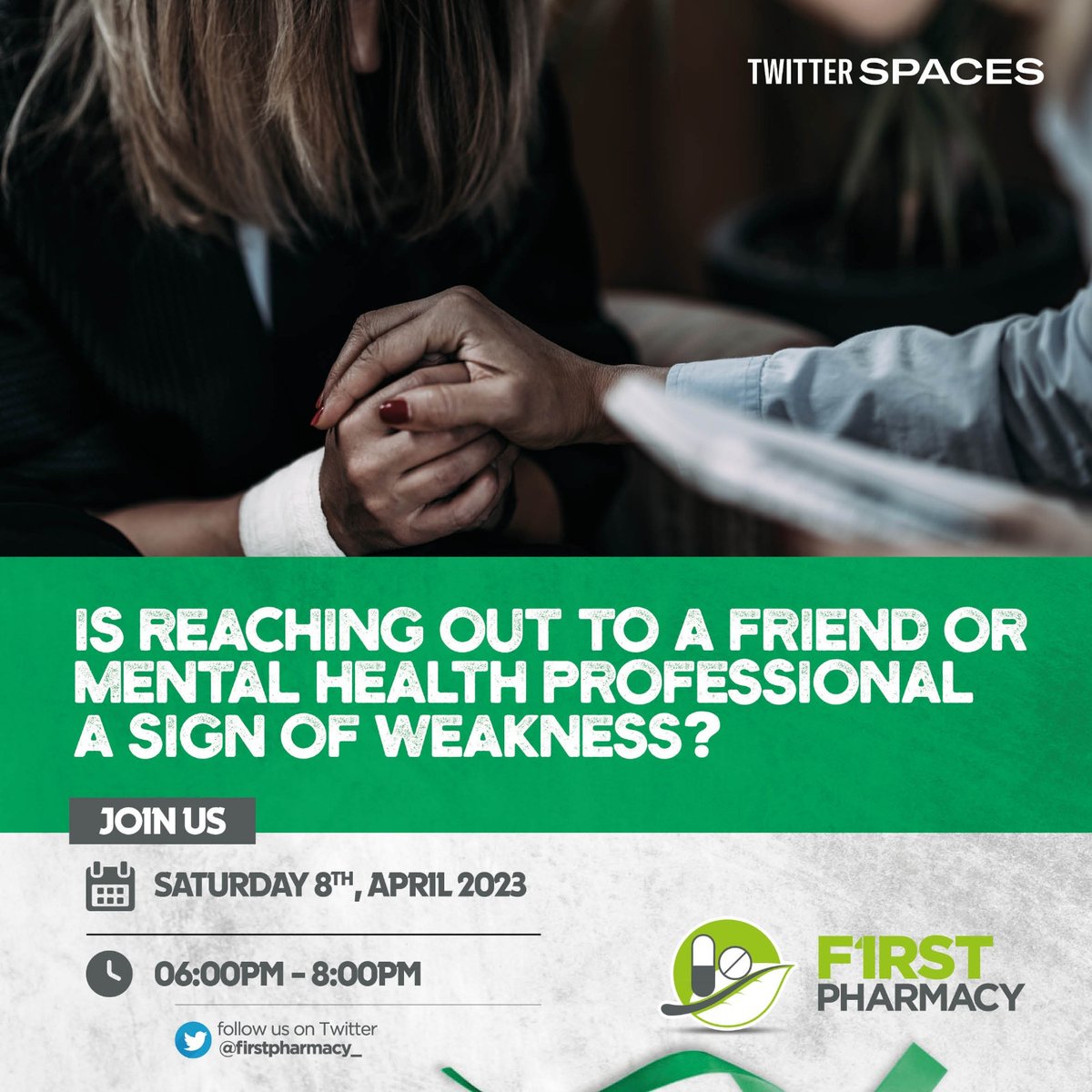 FirstPharmacy_'s tweet photo. Is reaching out to a friend or Mental Health professional a sign of weakness?
Let's talk about Mental Health and on breaking the stigma associated with it. Join our panel this Saturday, 8th April using this link https://t.co/l1vYPPN3rT from 6pm to 8pm.
#FirstPharmacyTwitterSpace https://t.co/8BnN59olbD
