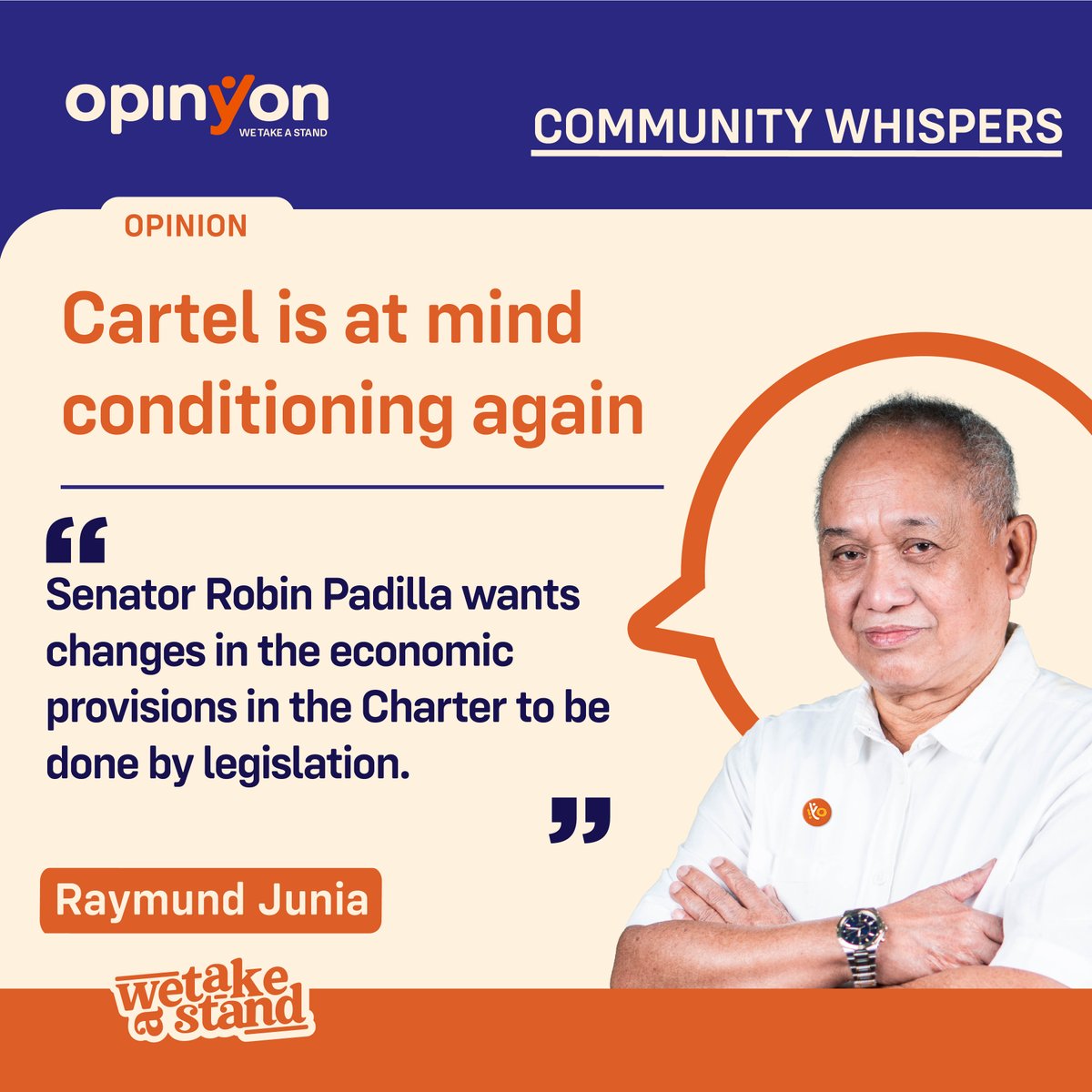 OpinYonNews's tweet photo. Cartel is at mind conditioning again
By Raymund Junia
Senator Robin Padilla wants changes in the economic provisions in the Charter to be done by legislation.
Read more
https://t.co/yvWMfFTJLh
#Cartel #MindConditioning #Community #Whispers #CommunityWhispers #Column https://t.co/WVT7tpBIyu