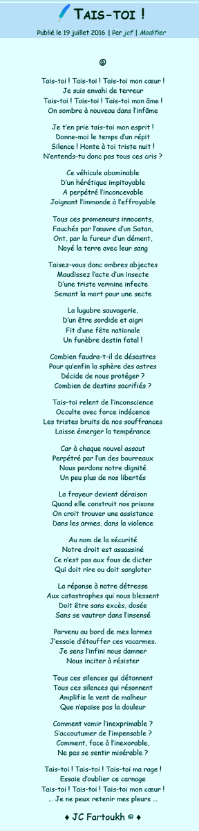 les_ecrits_fr's tweet photo. #Tais-toi ! JC.#Fartoukh
Tais-toi! Tais-toi! Tais-toi mon #cœur!
Je suis #envahi de #terreur
Tais-toi! Tais-toi! Tais-toi mon #âme!
On #sombre à #nouveau dans l’#infâme …
#Cliquez=>https://t.co/JEfnMqFK1p
#lesecrits #Écrits #Poème #Poésie #TaisToi
#Suite=>https://t.co/H9VmZFsKkk https://t.co/n0hBOnAjuL