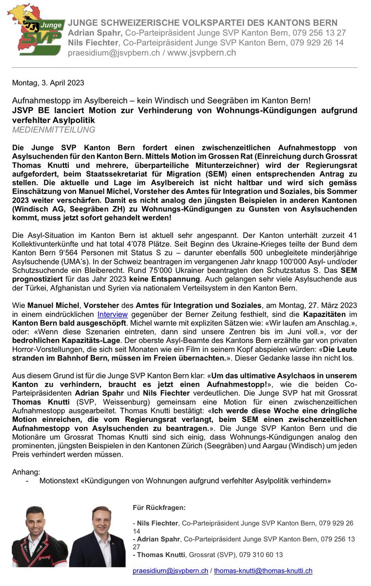 Nils Fiechter (@nilsfiechter) on Twitter photo Aufnahmestopp im Asylbereich – kein Windisch und Seegräben im Kanton Bern!
+++ JSVP BE lanciert Motion zur Verhinderung von Wohnungs-Kündigungen aufgrund verfehlter Asylpolitik +++
<a href="/adrian_spahr/">Adrian Spahr</a> <a href="/ThomasKnutti/">Thomas Knutti</a> <a href="/bernstark/">SVP BErnstark</a> Aufnahmestopp im Asylbereich – kein Windisch und Seegräben im Kanton Bern!
+++ JSVP BE lanciert Motion zur Verhinderung von Wohnungs-Kündigungen aufgrund verfehlter Asylpolitik +++
<a href="/adrian_spahr/">Adrian Spahr</a> <a href="/ThomasKnutti/">Thomas Knutti</a> <a href="/bernstark/">SVP BErnstark</a>