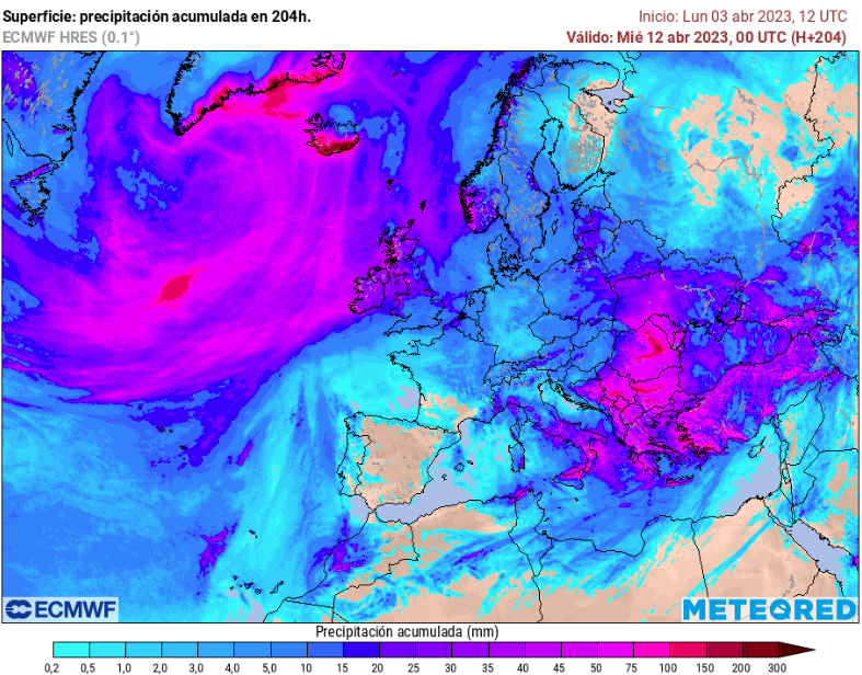 RAM_meteo's tweet photo. ¿Adivina que país de #Europa  va a recibir poca precipitación en los siguientes días tras una dura sequía de, al menos, dos años?. Y a esto le llamamos "buen tiempo" con sus consecuencias lógicas.
Acumulaciones de precipitación hasta el 12 de abril 2023
#Sequia https://t.co/05DvUaehzk