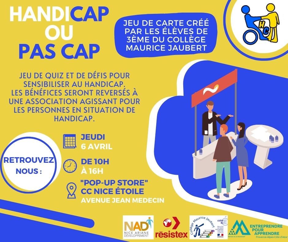 La 3° à projet Entreprenariat du <a href="/College_Jaubert/">Collège Maurice Jaubert</a> concrétise son projet avec ses professeurs <a href="/LydiaRossi3/">Lydia Rossi</a> et <a href="/HesseRoland/">Hesse</a>. Les bénéfices de la vente du jeu qu'ils ont fabriqué iront à une association. Ils seront présents à NICE Etoile le 6 avril.