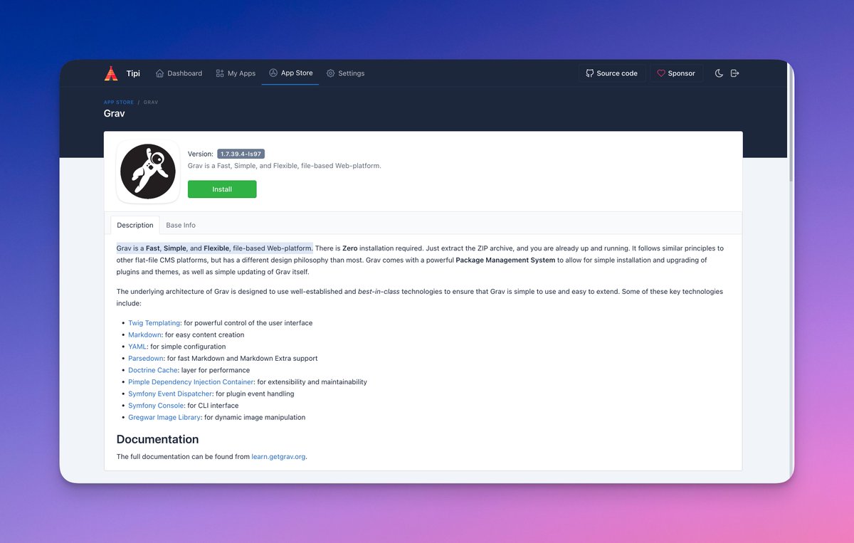 Need an easy to use CMS? Try to use <a href="/getgrav/">Grav</a>! Grav is a super simple flat-file CMS that can be used for anything! Build your websites faster with Grav! Check it out today in your Tipi Dashboard! 

#runtipi #tipi #docker #selfhosted 
#selfhosting