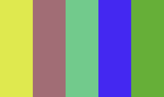 palette_gen's tweet photo. Trance 
 #dfe94f #a16d75 #72ca8c #4428f1 #66af38 https://t.co/gy1IpCSqdV