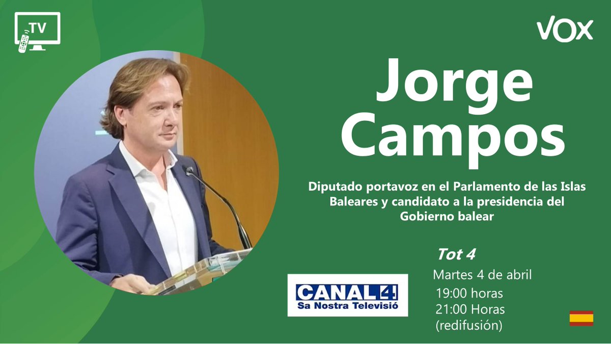 voxbaleares's tweet photo. .@jcamposasensi @GRUP4COM 

Este martes tienes doble sesión de Jorge Campos.  A las 19:00 horas en Canal 4 TV, en TOT 4.... Y a las 21:00, redifusión del programa https://t.co/He6VRuAkU2