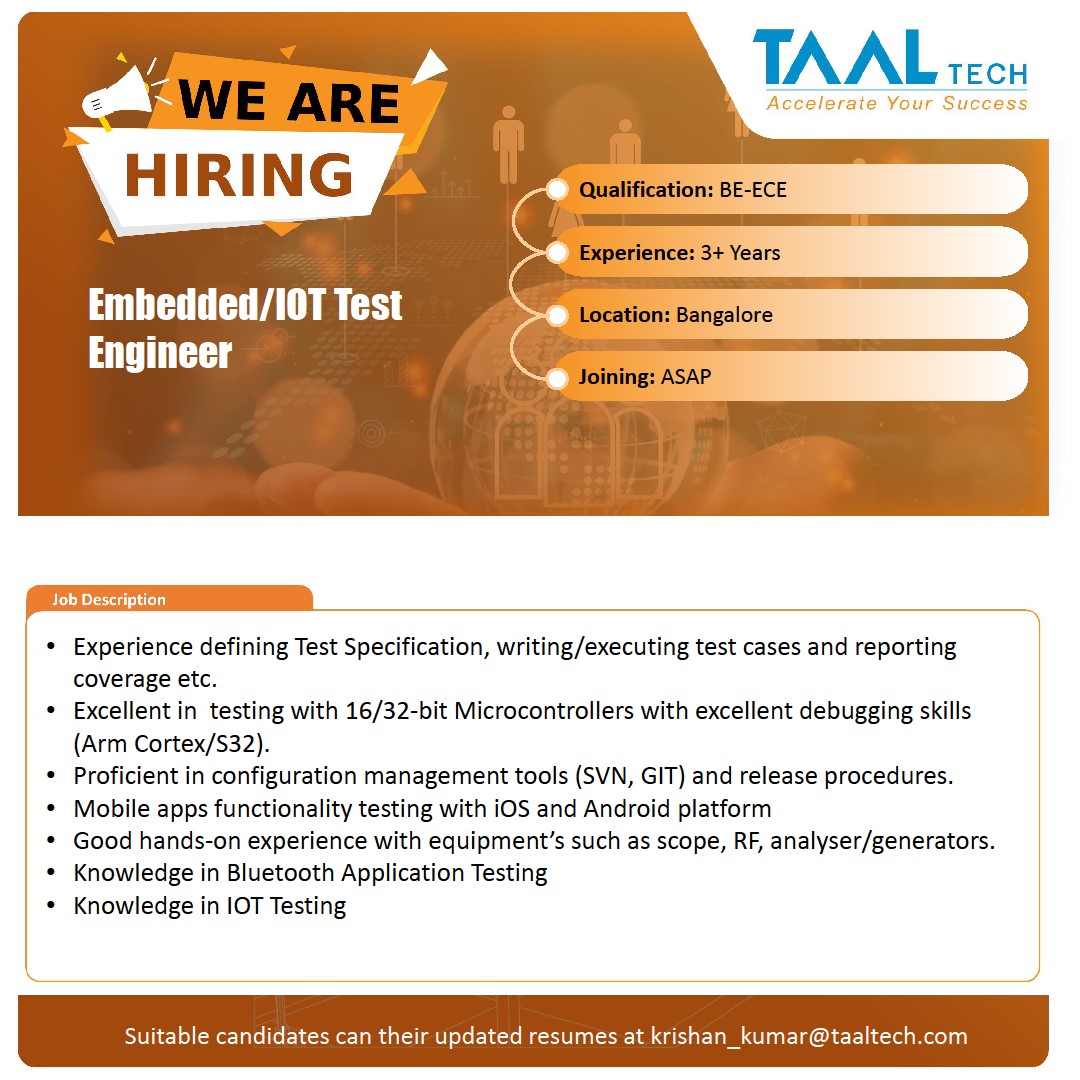 TAALTech's tweet image. TAAL Tech is looking for Embedded/IOT Test Engineer for #Blore location.
Interested applicants can share their CVs to
krishan_kumar@taaltech.com
#Embeddedtest #Embeddedtesting #firmwaretesting #IOTtesting #testing #taaltech #taaltechies #taaltechnews #taaltechjobs