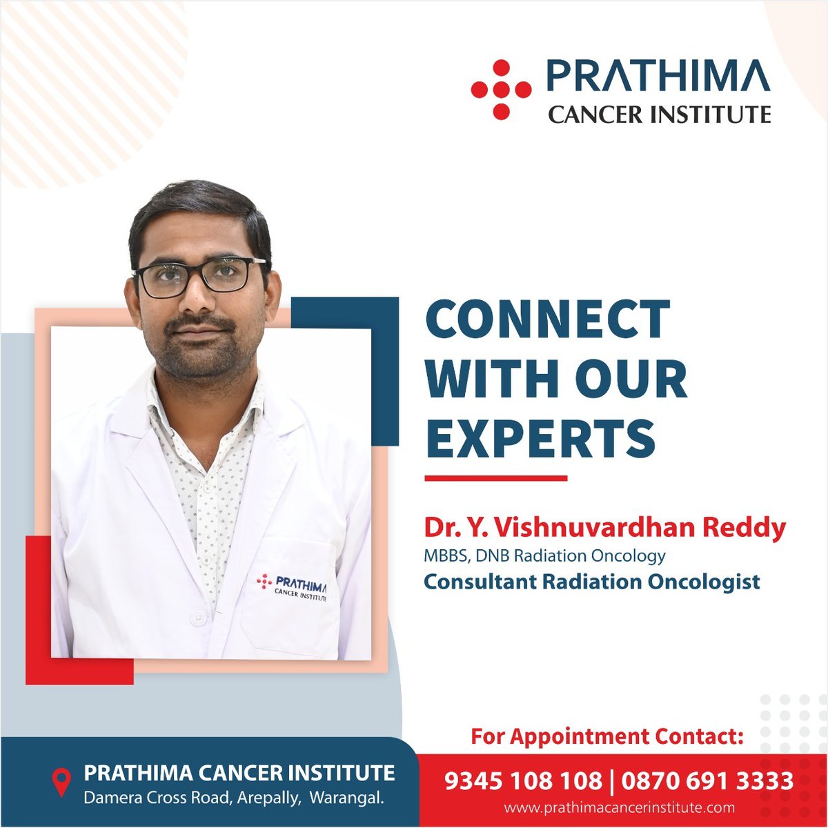 Connect With our Experts!

DR. Y. Vishunuvardhan Reddy
MBBS, DNB Radiation Oncology
Consultant Radiation Oncologist

#connectwithourexpert #radiationoncologist #oncologist #drvishuvardhanreddy #oncology #cancer #oncologydoctor #radiation #prathimacancerinstitute #PCI