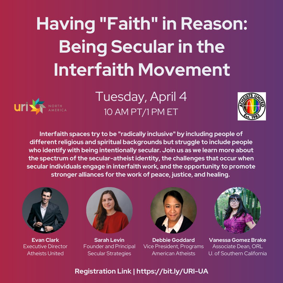So stoked for this conversation! Join me, <a href="/evansaysblah/">Evan Clark</a> <a href="/DebGod/">Debbie Goddard</a> and Vanessa Gomez Brake to talk about how secular activists navigate interfaith spaces—and how activists of faith can be more inclusive of our community.

#InclusionMatters #interfaith 
🔗 bit.ly/URI-UA