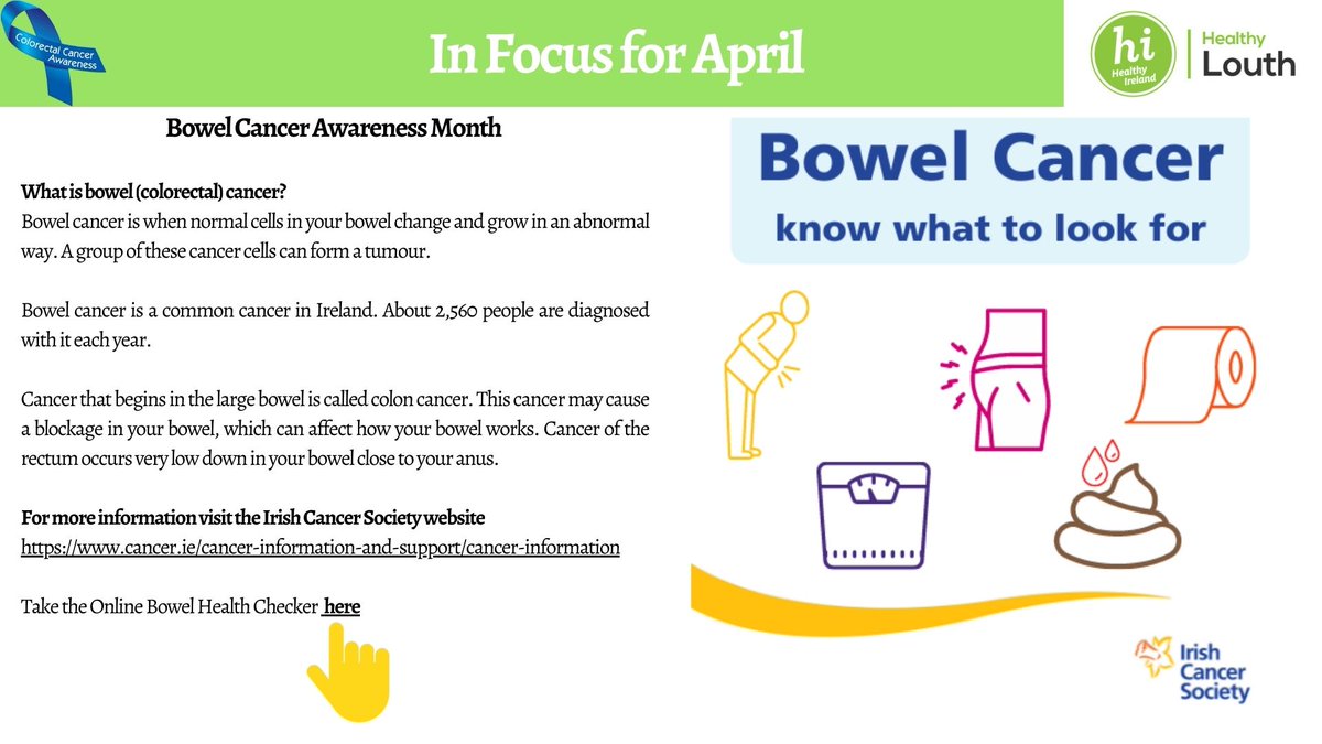 louthcoco's tweet photo. Did you know April is #BowelCancerAwarenessMonth? #KnowWhatToLookFor. Click the link below to take the online bowel checker. @louthcoco
#HealthyLouth @HealthyIreland
https://t.co/wx0R2nJbk0 https://t.co/Ie4o0ytS4g