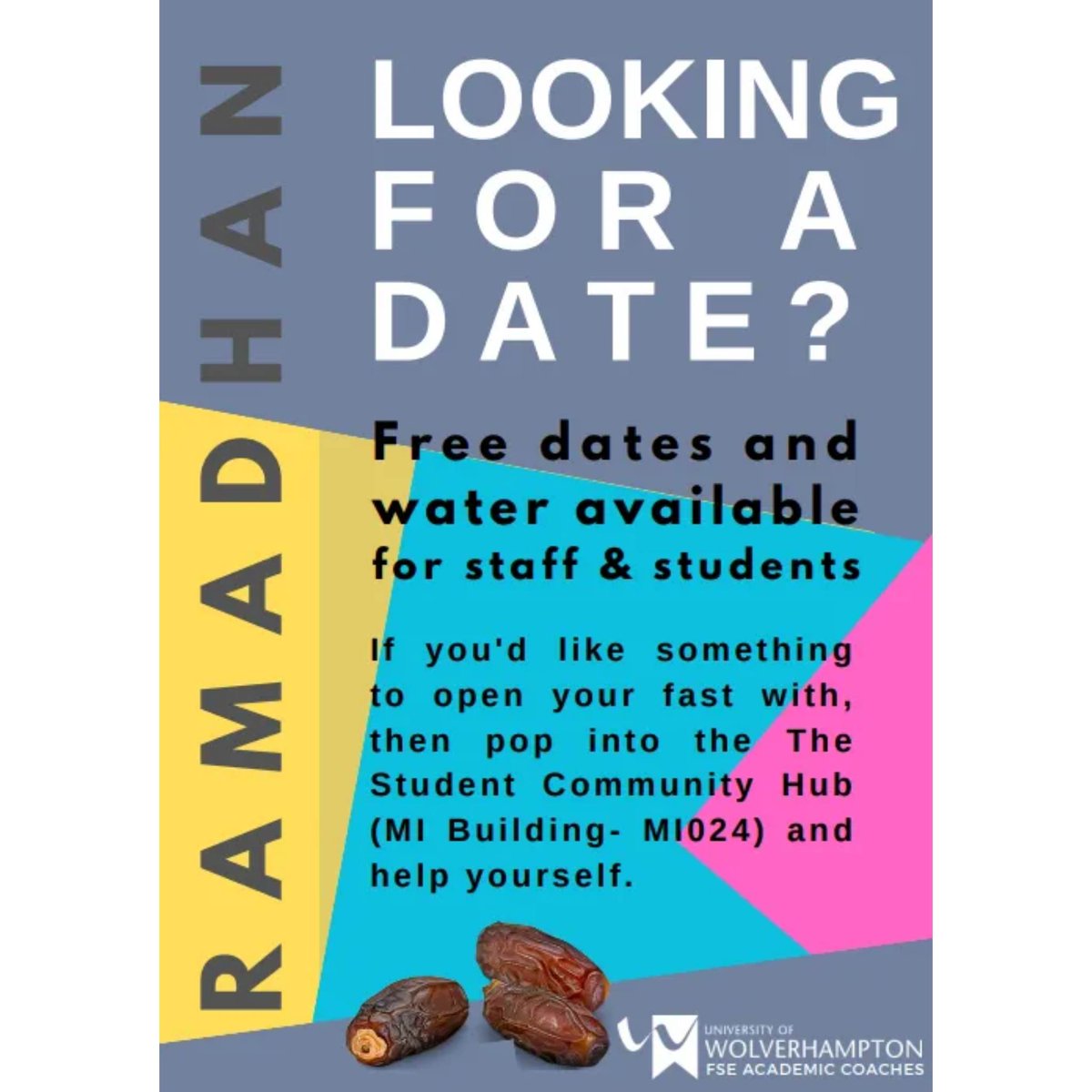 wlv_fseac's tweet photo. Ramadhan Mubarak to students &amp; staff observing the holy month of Ramadhan. Don't forget, you can pop into the FSE Student Community Hub (MI024) to pick up water and a bundle of dates to open your fast with. We're open over the break (closed Friday-Tuesday) from 9-4. https://t.co/vs8xqlCoaq