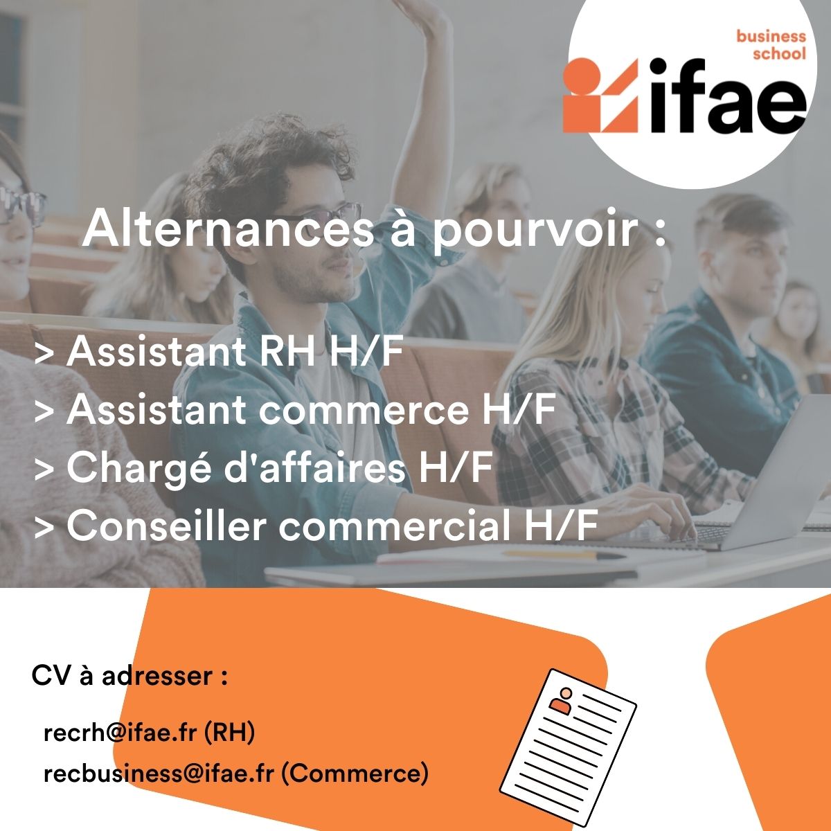 groupeifae's tweet photo. En #IDF🗼, en #alternance , l’IFAE vous propose des postes dans les domaines #ressourceshumaines mais aussi de la #vente, du #commerce ainsi que du #management.🌸
🧾Postulez en envoyant vos cv à:
recbusiness@ifae.fr (commerce)
recrh@ifae.fr (ressources humaines)
#rt #formation https://t.co/IwLKK1GtqC