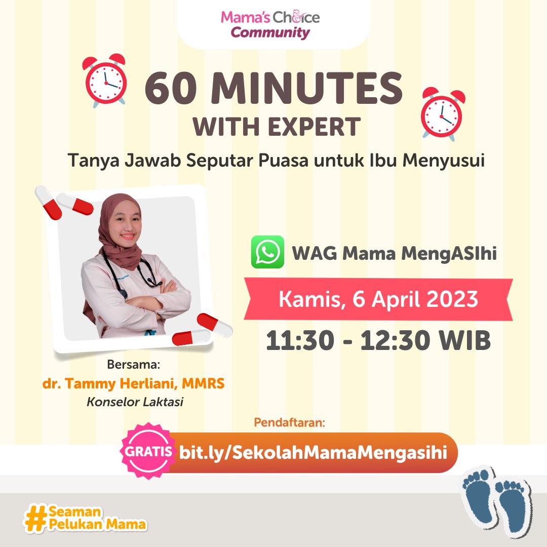 Masih bingung puasa aman atau gak buat busui? Yuk cari tahu langsung di

🤱Tanya Jawab Puasa &amp; MengASIhi🤱
📅 Kamis, 6 April 2023
⏰ 11.30 - 12.30
📱 WAG Mama MengASIhi

Daftarkan diri Mama di bit.ly/SekolahMamaMen… dan ajak juga teman dan keluarga Mama buat ikut acaranya 🥰