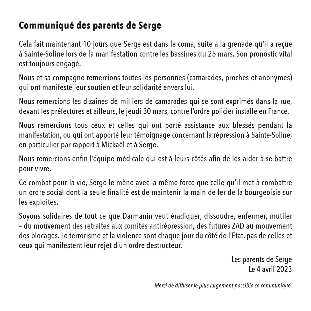 “Ce combat pour la vie, Serge le mène avec la même force que celle qu’il met à combattre un ordre social dont la seule finalité est de maintenir la main de fer de la bourgeoisie sur les exploités.” 
lescamaradesdus.noblogs.org/post/2023/04/0…
