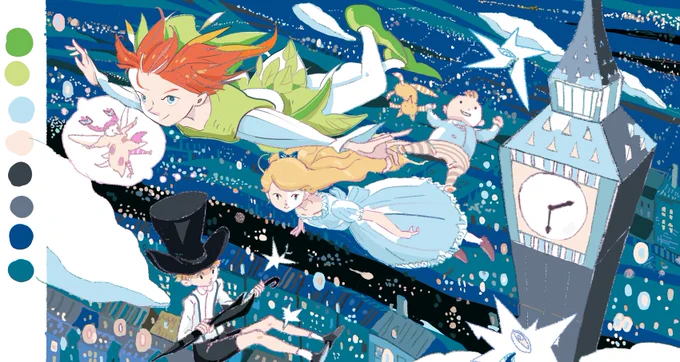 エクスナレッジ刊行「ファンタジー配色アイデア事典」の為に描かれた全90店の絵を公開していってます。更新は週一程度になります二十八枚目はピーターパンの冒険から「ネバーランドへ」です #エクスナレッジ #ファンタジー配色アイデア事典 #桜井輝子 