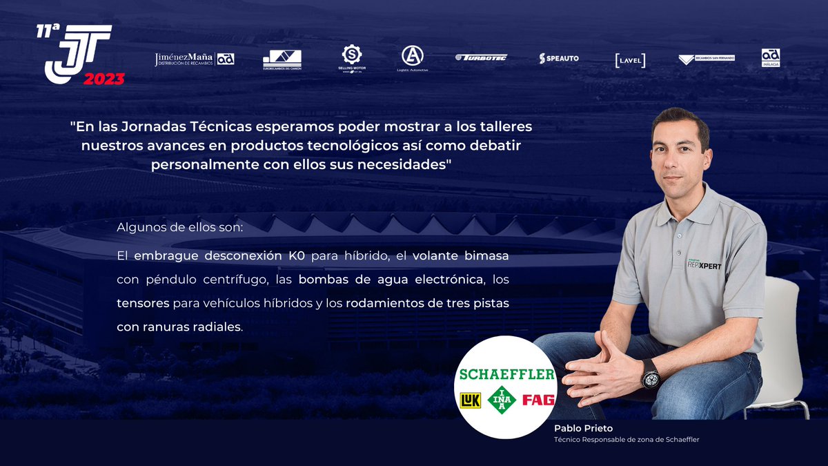 jimenezmana's tweet photo. ¡Ha llegado el momento de conocer a los patrocinadores de nuestras Jornadas Técnicas 2023! 🚀

Comenzamos con nuestro proveedor @SchaefflerGroup, proveedor líder de los sectores de automoción e industrial.

¡Gracias por vuestra colaboración!

#JJTT https://t.co/jf2KDQO8Is